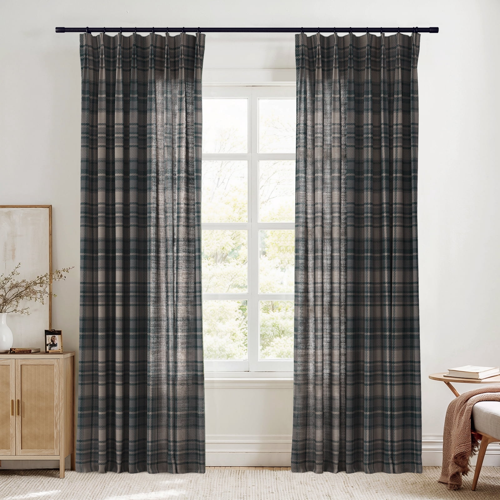 TWOPAGES Plaid Print Drape 52 X 96 Inches Long 1 Panel Pinch Pleated Linen Blend Light Filtering Curtain for Kids Room, Raisin