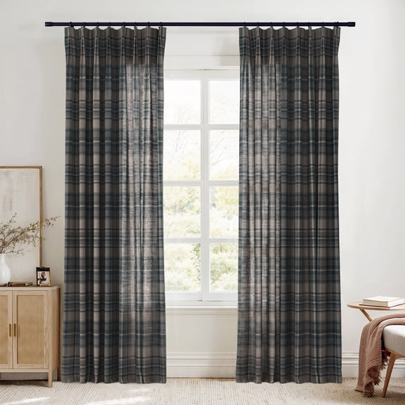 TWOPAGES Plaid Print Drape 52 X 96 Inches Long 1 Panel Pinch Pleated Linen Blend Light Filtering Curtain for Kids Room, Raisin