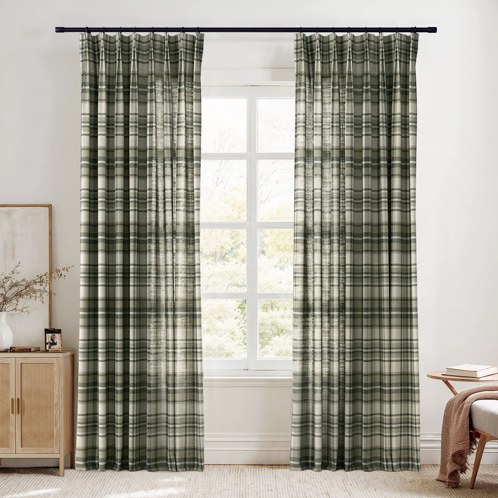 TWOPAGES Linen Blend Plaid 84 X 102 Inches Long 1 Panel Print Pinch Pleat Hanging Style Light Filtering Drape for Bedroom, Latte