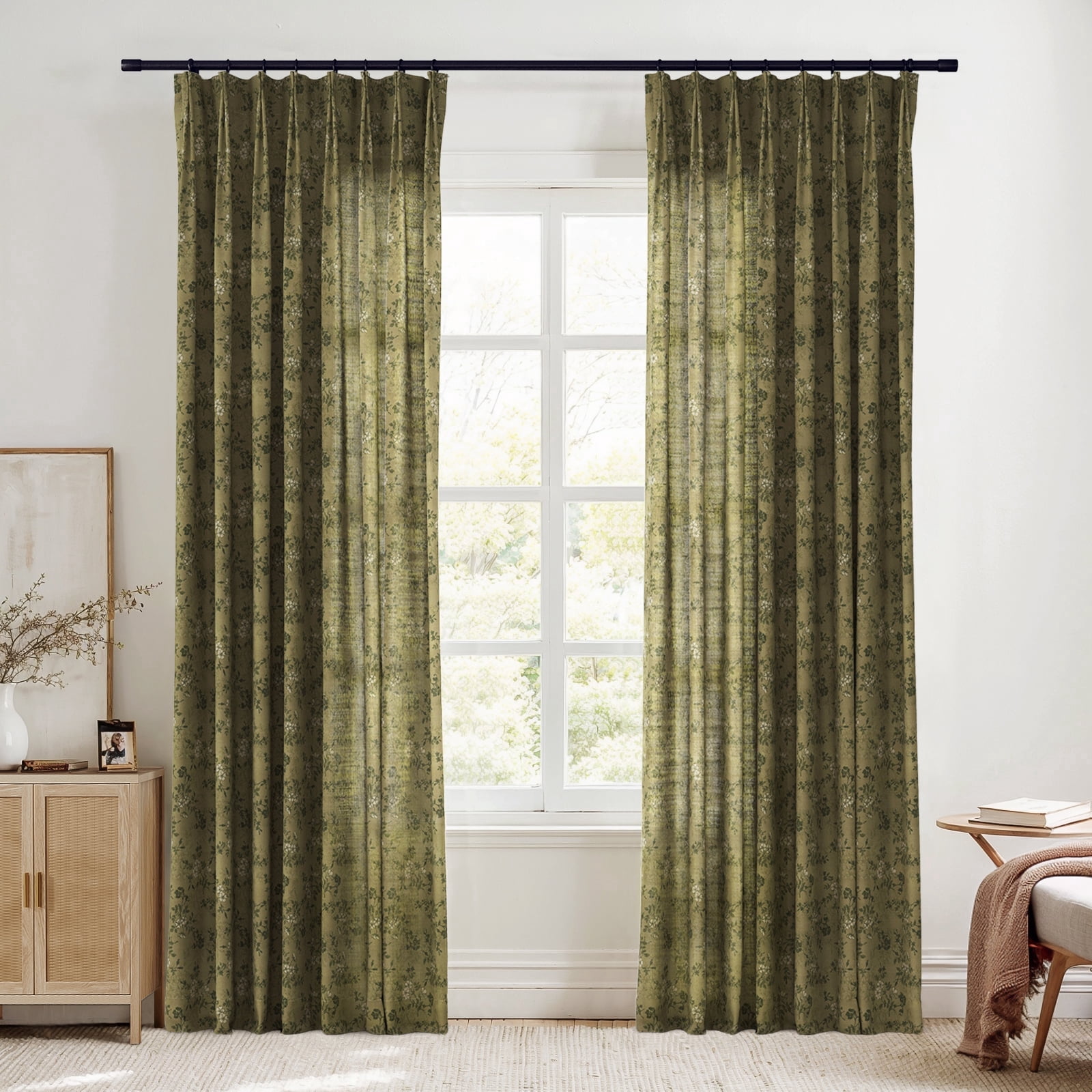 TWOPAGES Pinch Pleat Curtain 42 X 63 Inches Long 1 Panel Light Filtering Linen Blend Floral Print Drape for Living Room, Ivy Brown