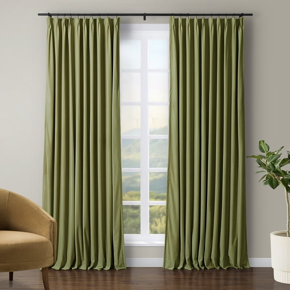 TWOPAGES Pinch Pleat Curtain 84"x84" Velvet Room Darkening Drape for Living Room, 1 Panel, Grass Green