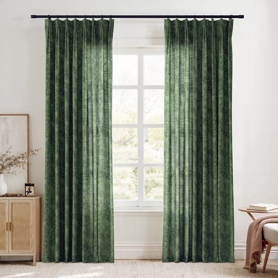 TWOPAGES Polyester Linen 52 X 108 Inches Long Drape 1 Panel Pinch Pleated Light Filtering Leaves Print Curtain for Kitchen, Moss