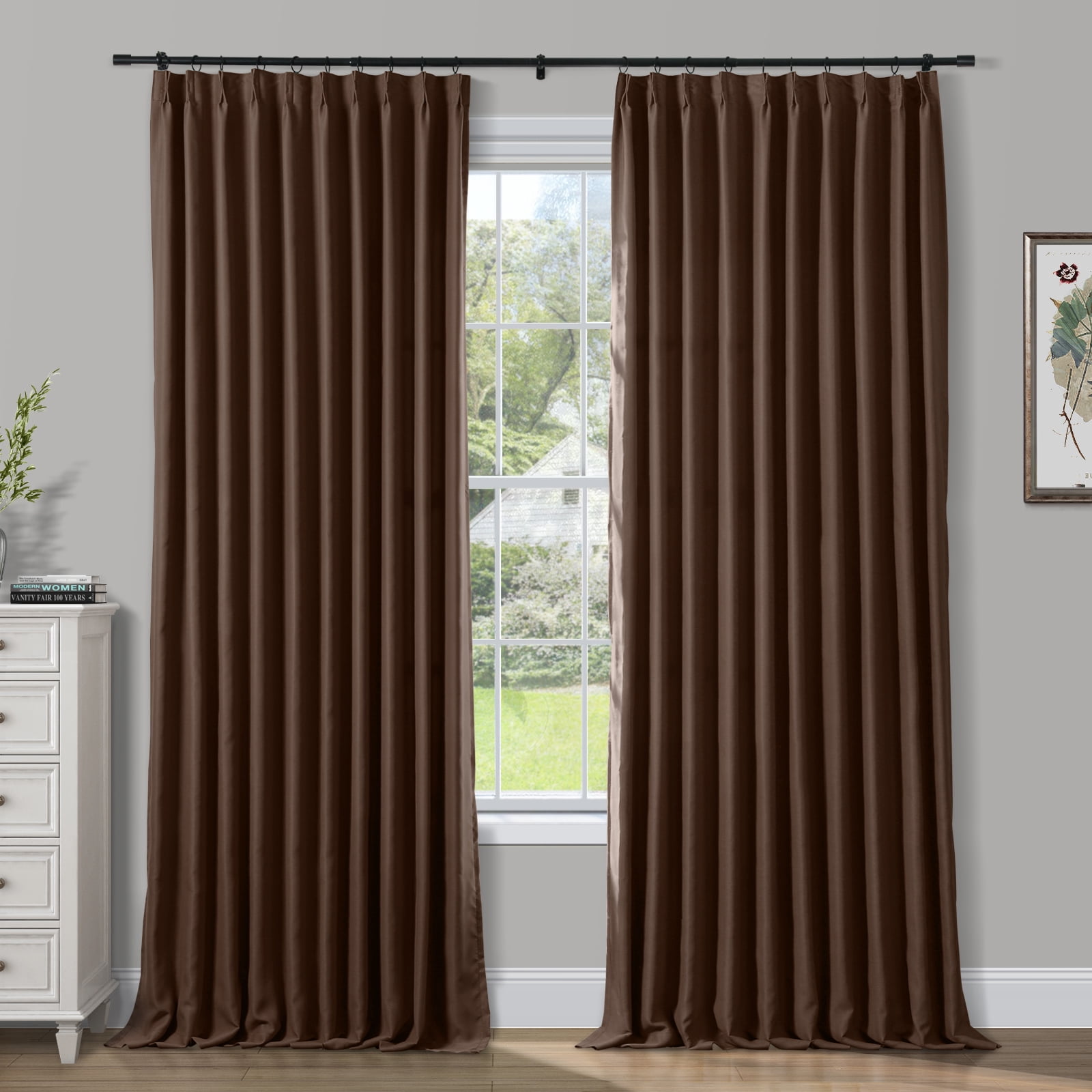 TWOPAGES Pinch Pleated Drape Blackout Light Blocking Curtain for Bedroom, 1 Panel, 52"x84", Chocolate