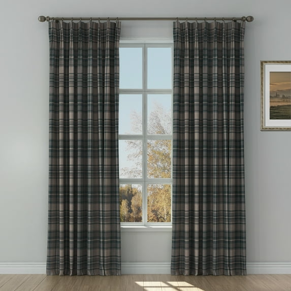 TWOPAGES Polyester Linen 26 X 96 Inches Long Curtain 1 Panel Pinch Pleated Light Filtering Plaid Print Drape for Bedroom, Raisin