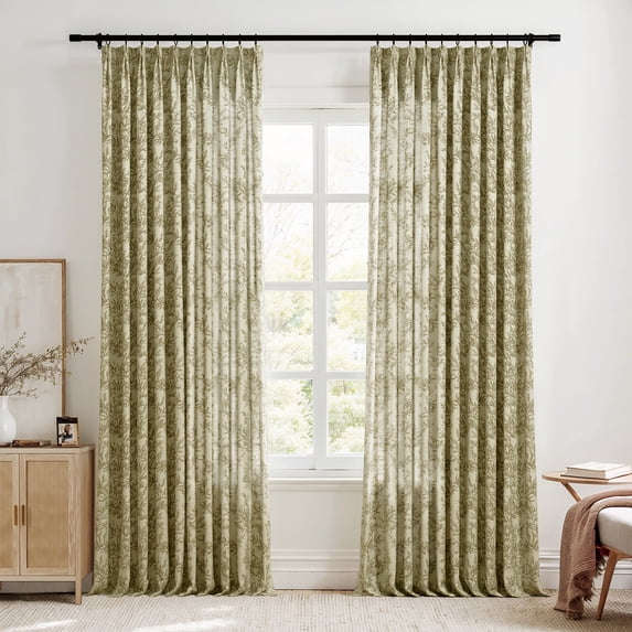 TWOPAGES Polyester Linen 72 X 63 Inches Long Curtain 1 Panel Pinch Pleated Light Filtering Leaves Print Drape for Bedroom, Travertine