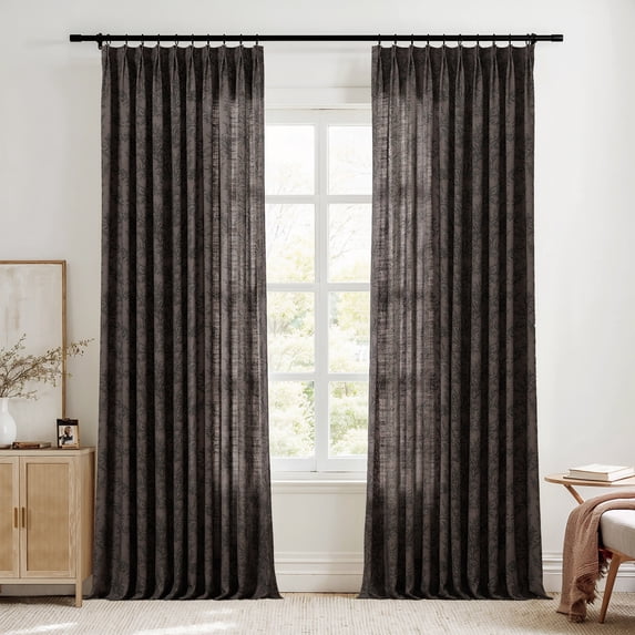 TWOPAGES Polyester Linen 72 X 63 Inches Long Curtain 1 Panel Pinch Pleated Light Filtering Leaves Print Drape for Bedroom, Wine