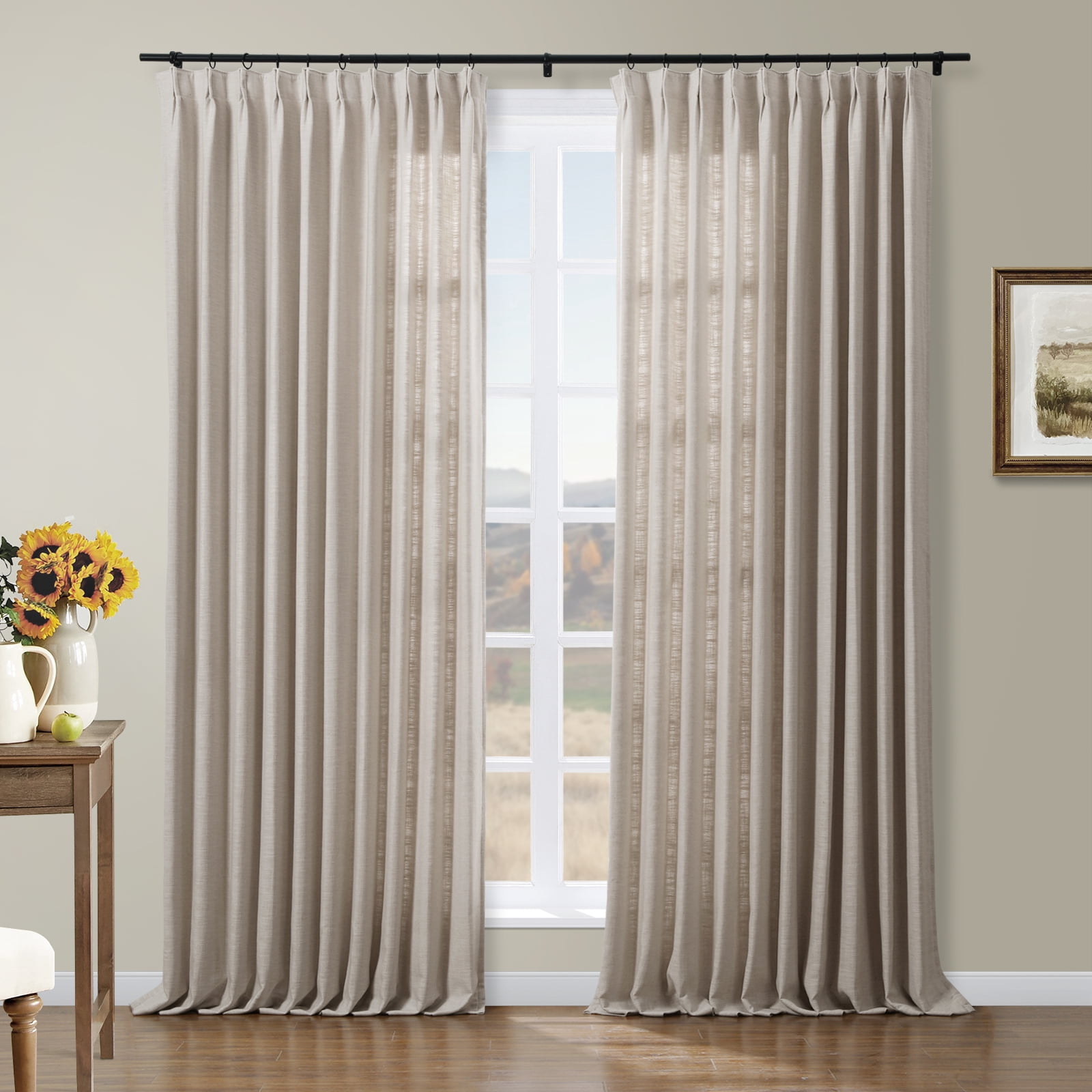 TWOPAGES Polyester Linen Curtain 72 W X 96 L Inch Pinch Pleat Header Room Darkening Privacy Protection Drape for Bedroom, 1 Panel, Burlywood Birch