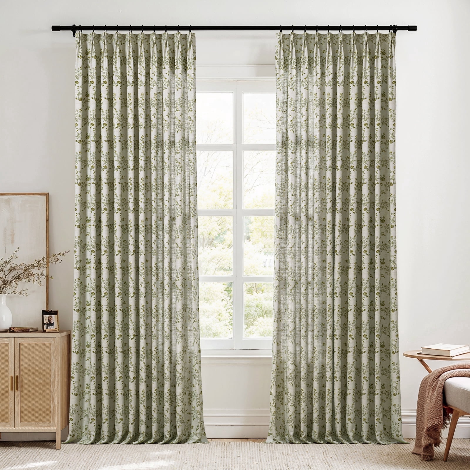 TWOPAGES Polyester Linen Floral Print Curtain 26 X 102 Inches Long 1 Panel Light Filtering Pinch Pleat Drape for Guest Room, Porcelain