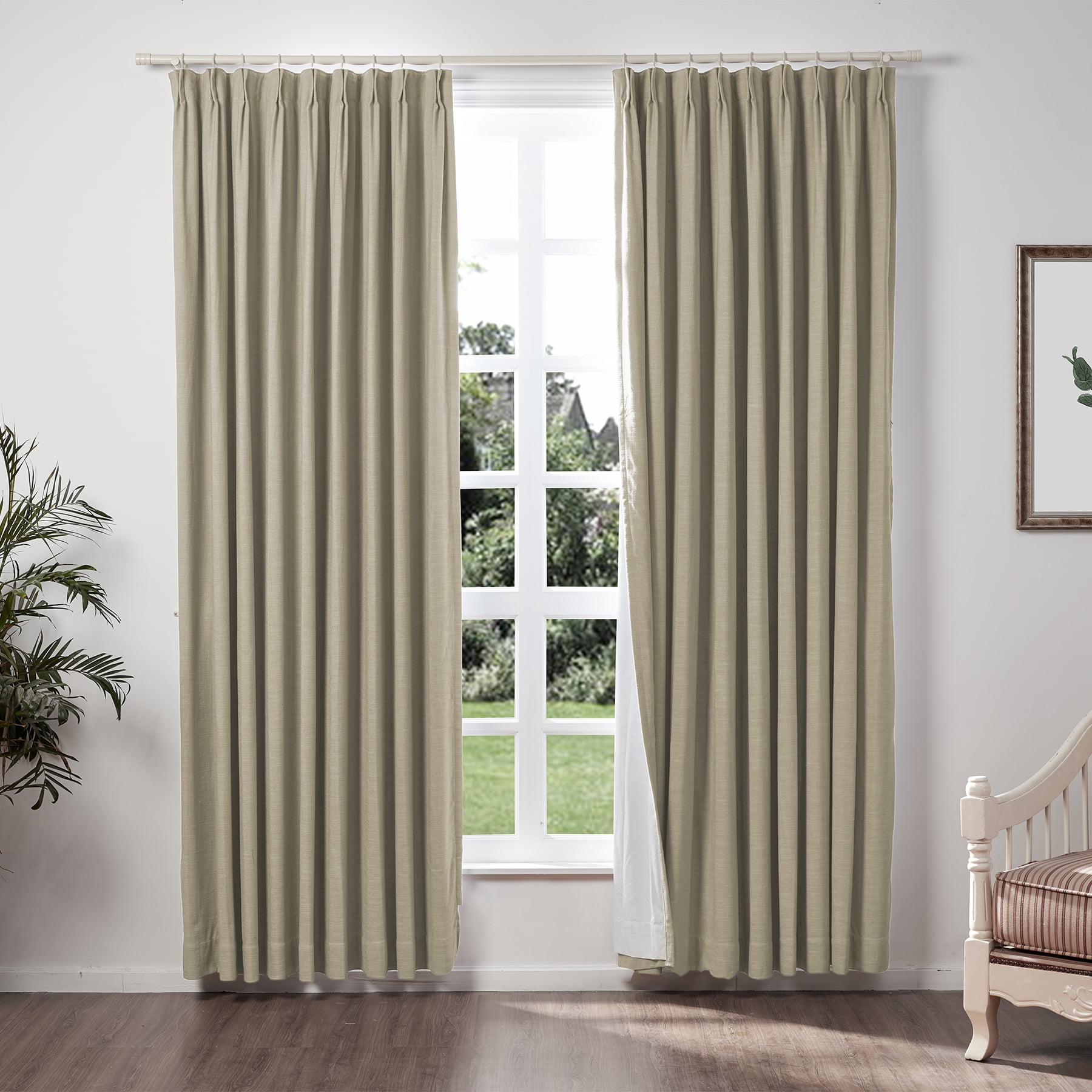 TWOPAGES Textured Linen Drapery 84 W X 63 L Inches Blackout Pinch Pleat Curtain Window Treatment for Guest Room, 1 Panel, Grey Beige