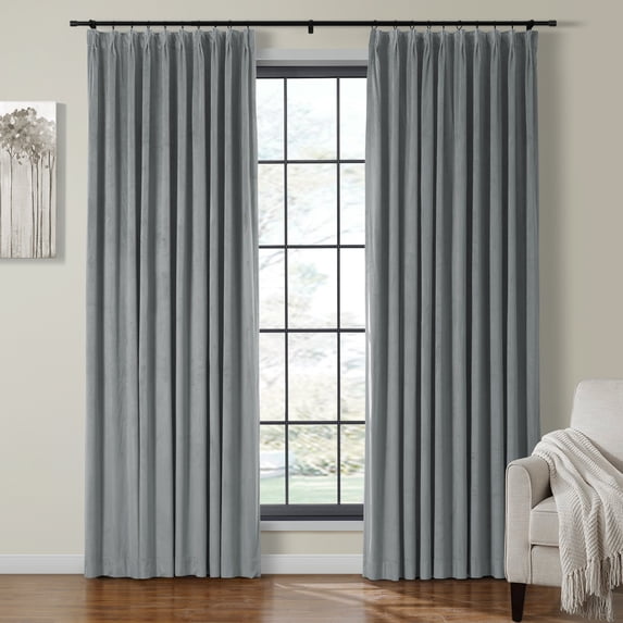 TWOPAGES Velvet Pinch Pleat Room Darkening Soft Curtain for Living Room, 1 Panel, 52"x108", Natural Grey