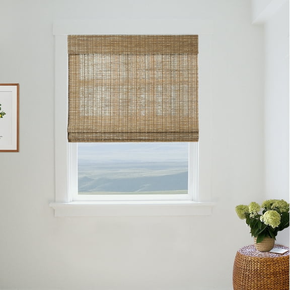 TWOPAGES Woven Bamboo Shade 31"x64" Light Filtering Cordless Ramie Roman Shade Window Treatment, Cinnamon
