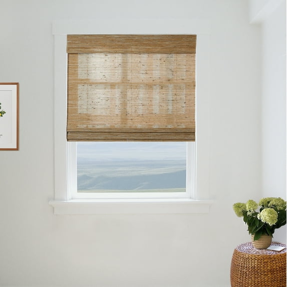TWOPAGES Woven Bamboo Shade 35"x64" Light Filtering Cordless Ramie Roman Shade Window Treatment, Bark