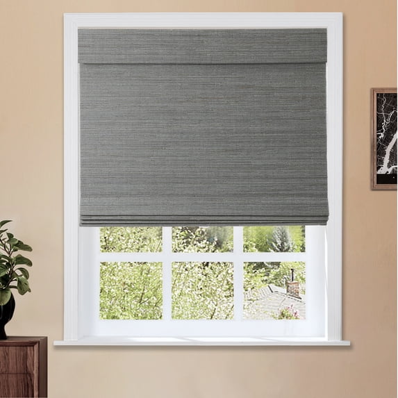 TWOPAGES Woven Blinds Shade 27"x64" Light Filtering Cordless Ramie Roman Shade Window Treatment, Grey