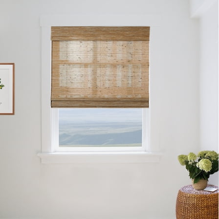 TWOPAGES Woven Blinds Shade 34"x72" Light Filtering Cordless Ramie Roman Shade Window Treatment, Bark