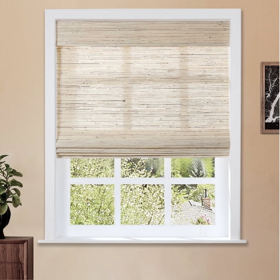 TWOPAGES Woven Blinds Shade 34"x72" Light Filtering Cordless Ramie Roman Shade Window Treatment, Beige Brown