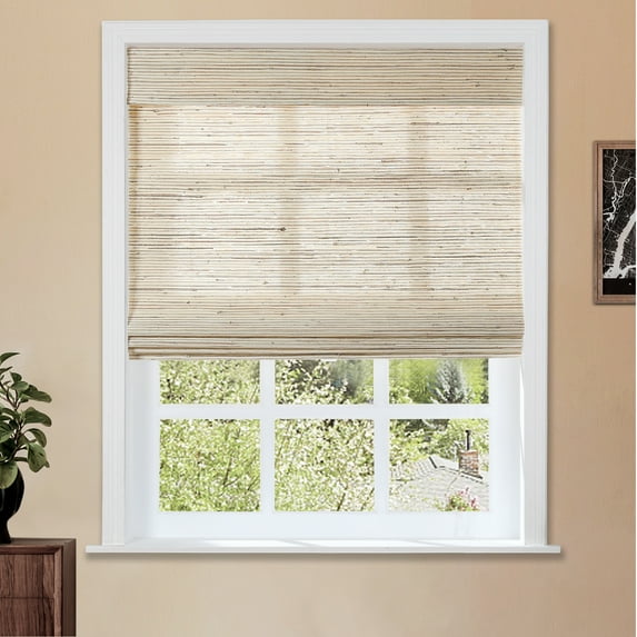 TWOPAGES Woven Blinds Shade 39"x64" Light Filtering Cordless Ramie Roman Shade Window Treatment, Beige Brown