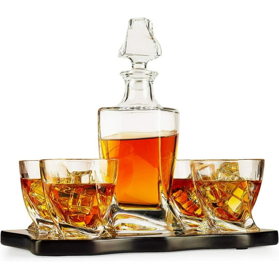 TWS Italian Crafted Crystal Wine & Whiskey Decanter Set - 855ml, with 4 Glasses & Wood Tray