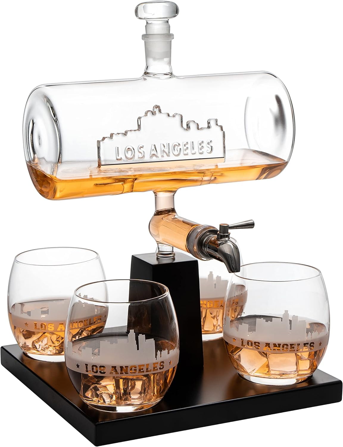Los Angeles Skyline Glass Decanter Set with Mahogany Base