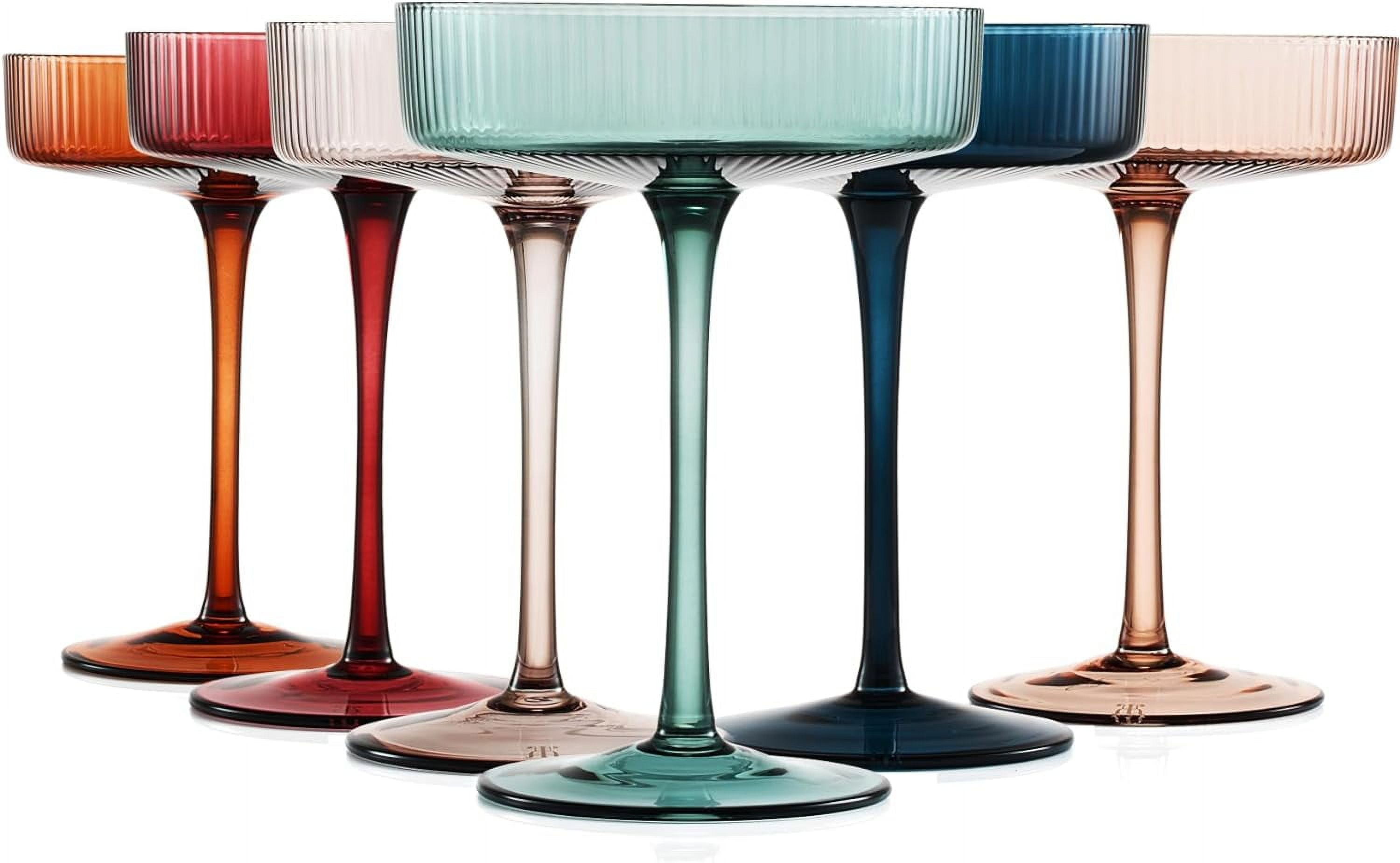 Vintage Art Deco Pastel Ribbed Coupe Glasses Set, 7oz, Multicolor