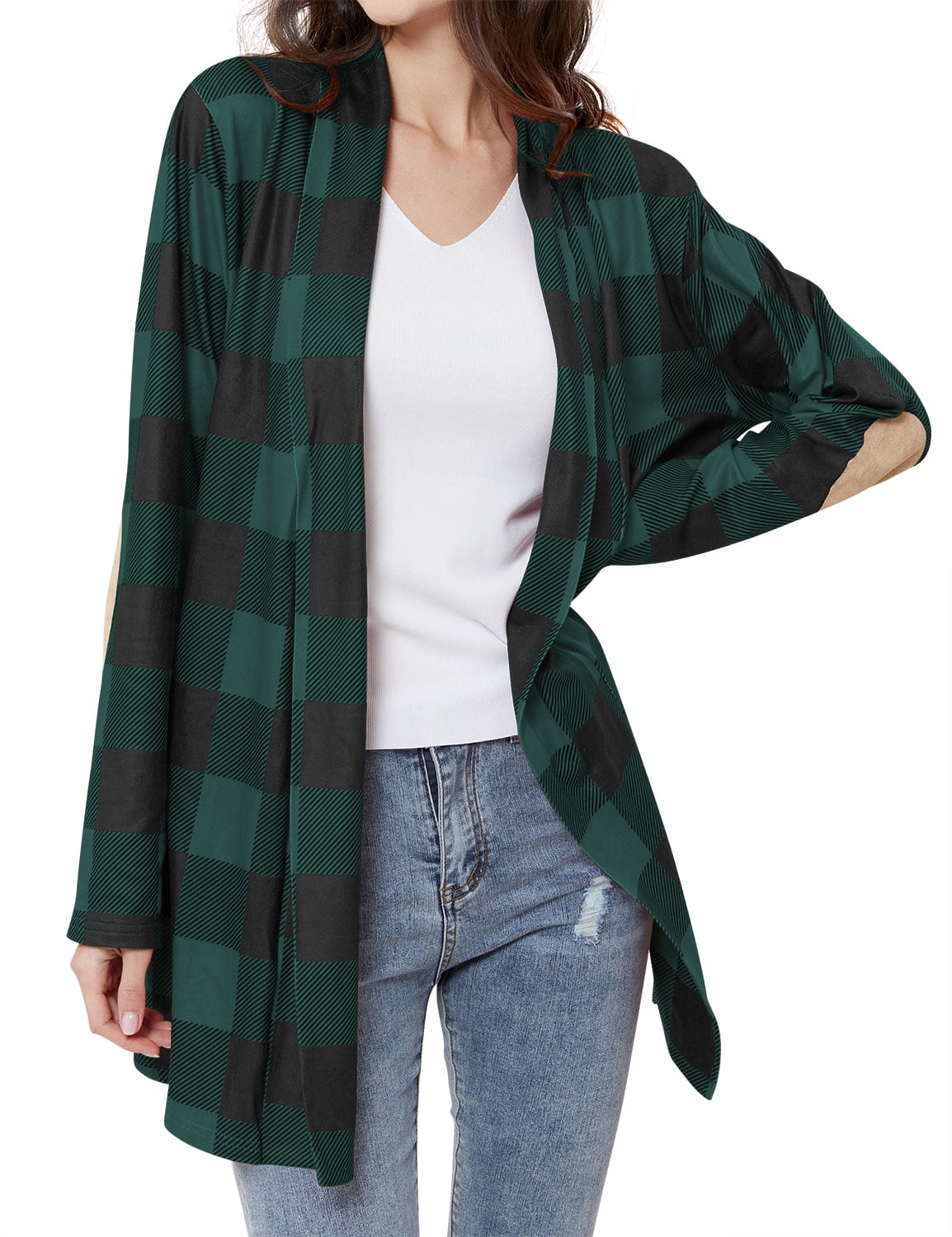 TWY Women Colorblock Plaid Long Sleeve Open Front Elbow Patch Cardigans