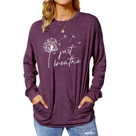 TWY Women Dandelion Graphic Just Breathe Letter Printed Long Sleeve Sweatshirt
