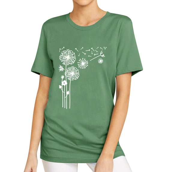 TWY Women Dandelion Print Crew Neck Short Sleeve T-Shirt