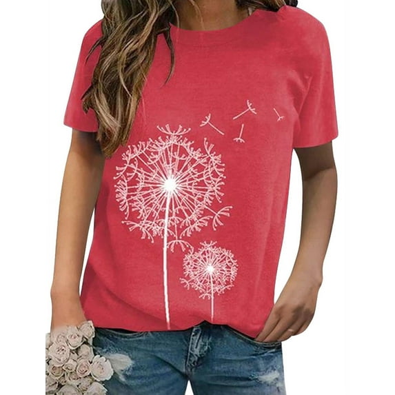 TWY Women Dandelion Print Crew Neck Short Sleeve T-shirt Tops