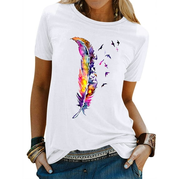 TWY Women Feather Gradient Print Round Neck Short Sleeve T-Shirt
