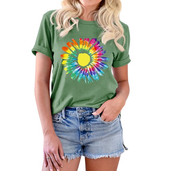TWY Women Gradient Daisy Graphic Short Sleeve Round Neck Top
