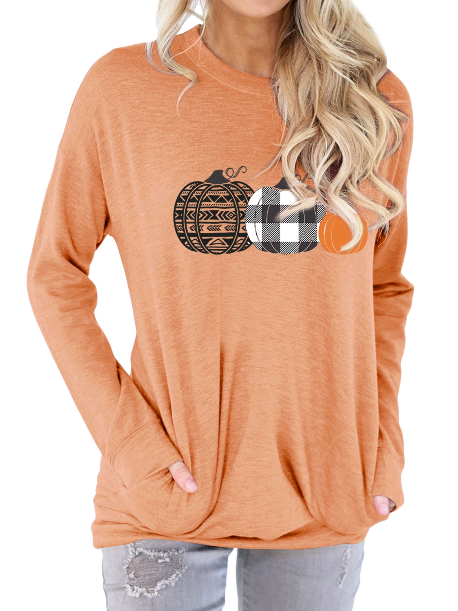 TWY Women Long Sleeve Pumpkin Print Pocket Halloween T-shirt Tops ...