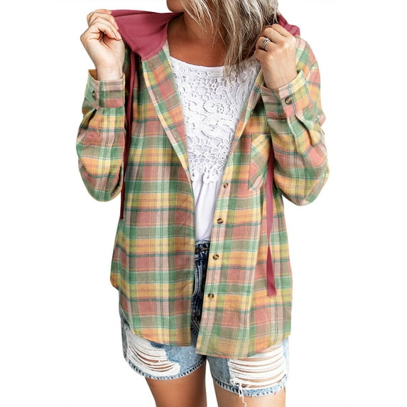 TWY Women Plaid Print Shirt Button Hoodie Pockets Outwear