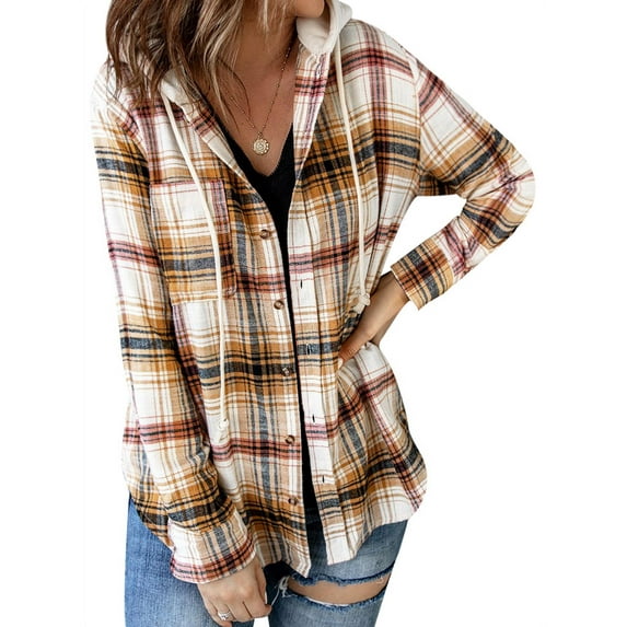 TWY Women Plaid Print Shirt Button Hoodie Pockets Outwear