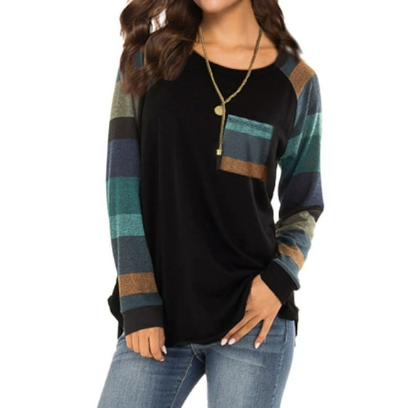 TWY Women Round Neck Stripe Long Sleeves Colorblock Tunic Top with Pocket