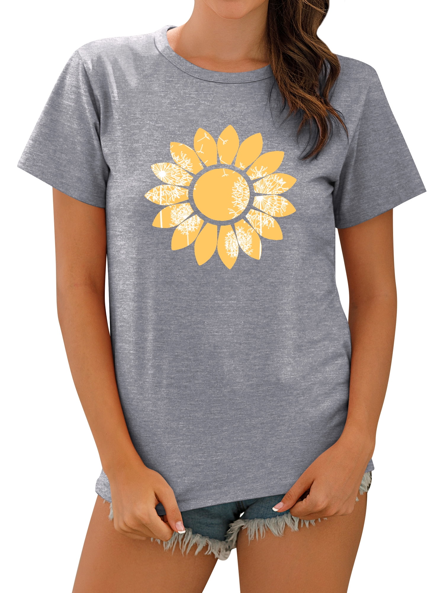 TWY Women Sunflower Print Crew Neck Short Sleeve T-Shirt - Walmart.com 