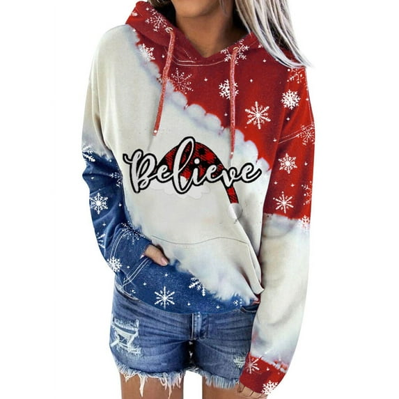 TWZH Women Believe Merry Christmas Snowman Plaid Print Color Block Hoodie Tops