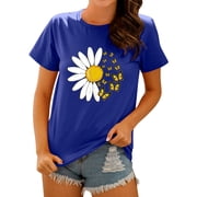 TWZH Women Butterflies Daisy Graphic Print Short Sleeve T-Shirt