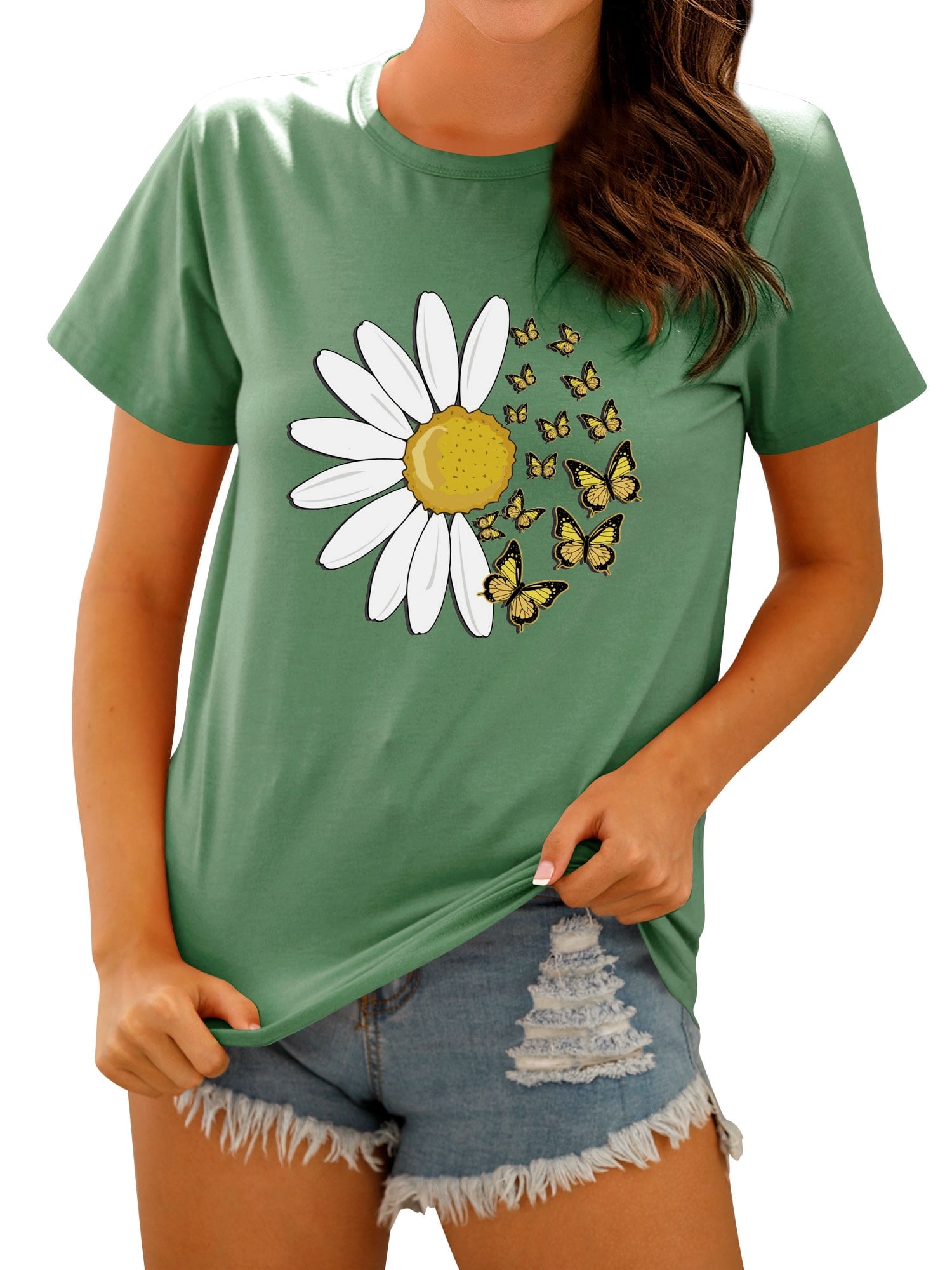 TWZH Women Butterflies Daisy Graphic Print Short Sleeve T-Shirt ...