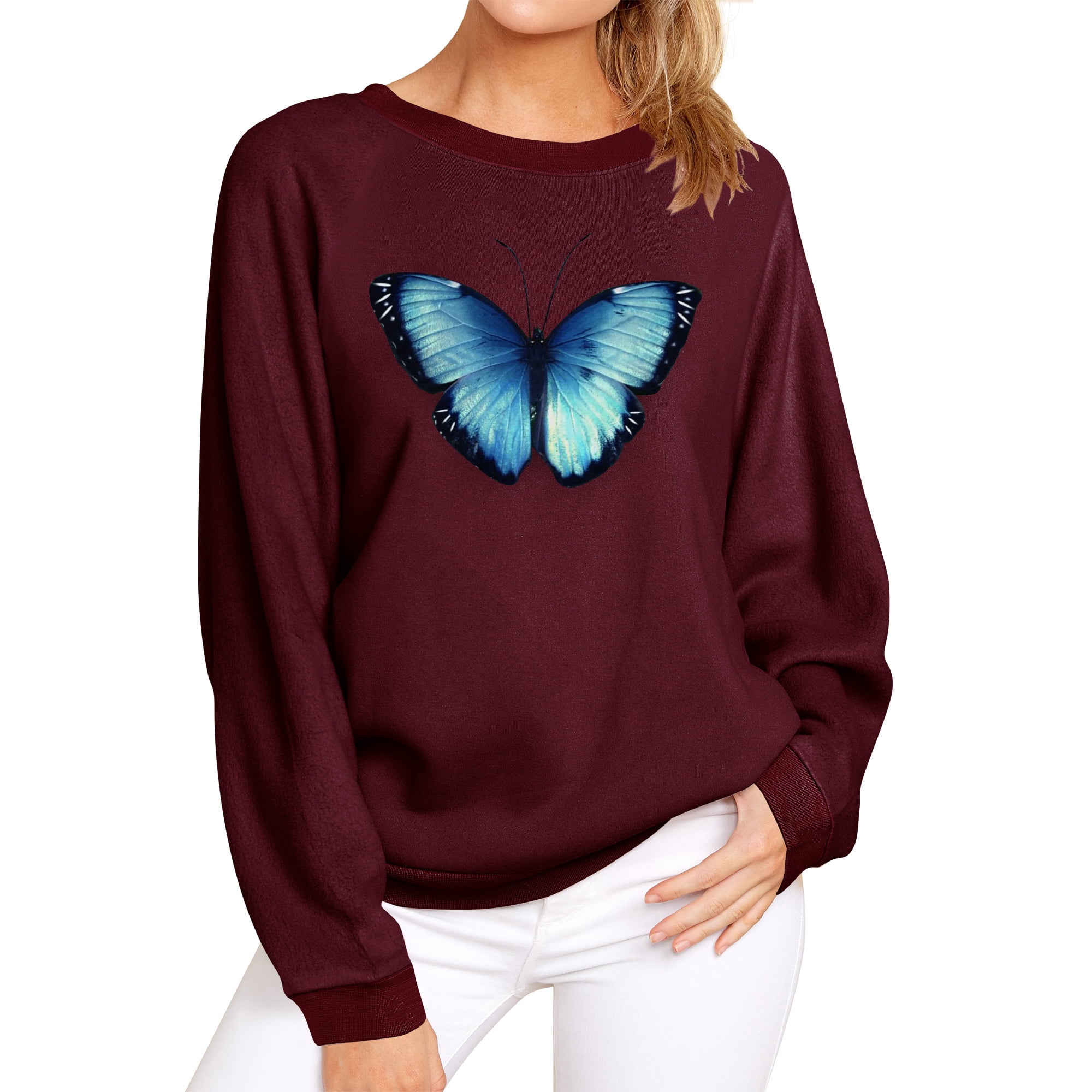 TWZH Women Butterfly Graphic Print Crew Neck Solid Pullover Top