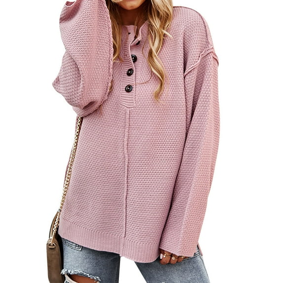 TWZH Women Buttons V Neck Long Sleeve Solid Color Patchwork Knitted Top