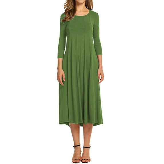 TWZH Women Casual Solid Color Crew Neck 3/4 Sleeve Big Swing Maxi Dress