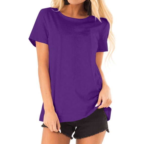TWZH Women Casual Solid Color Crew Neck Short Sleeve T-Shirt