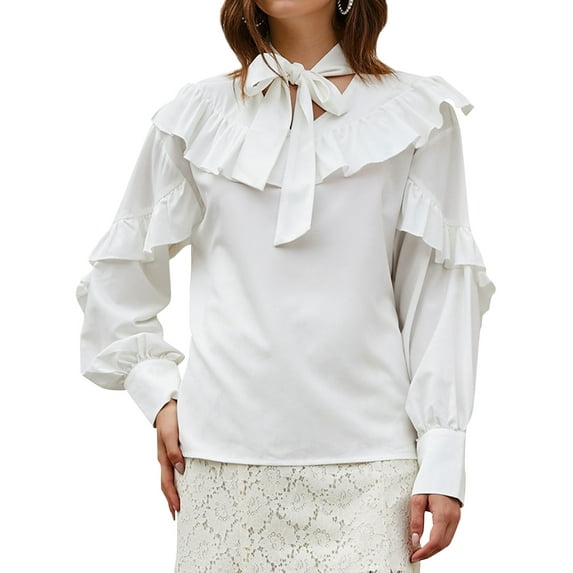 TWZH Women Casual Solid Color V Neck Ruffle Tie Long Sleeve Blouse Top