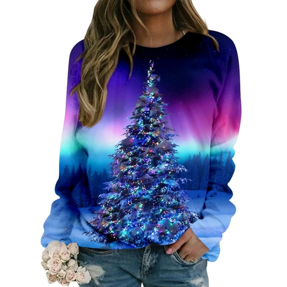 TWZH Women Christmas Tree 3D Print Crew Neck Gradient Sweatshirt Top