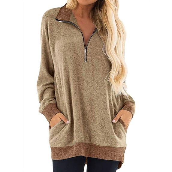 TWZH Women Colorblock POLO Collar Zip Front Long-sleeved Pockets Sweatshirt Tops