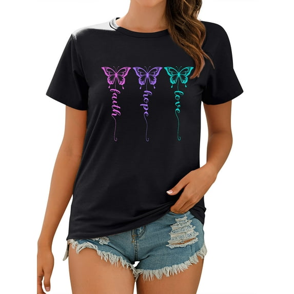 TWZH Women Colorful Butterflies Graphic Faith Hope Love Letter Print T-Shirt