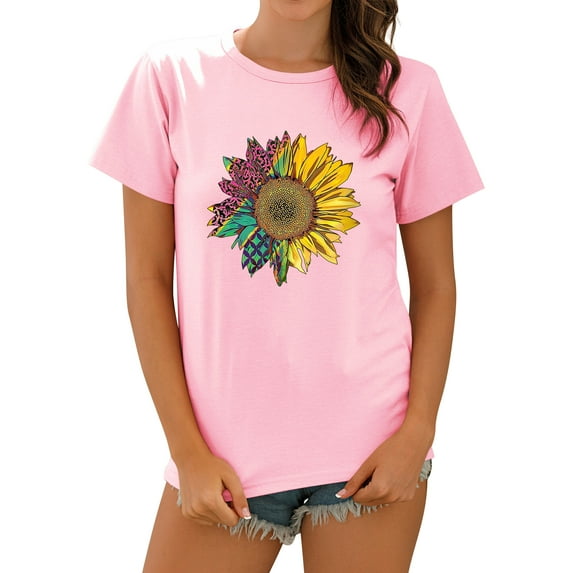 TWZH Women Colorful Sunflower Print Crew Neck Short Sleeve Fashion T-Shirt