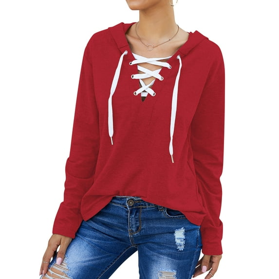 TWZH Women Cross V Neck Drawstring Long Sleeve Solid Color Hoodie