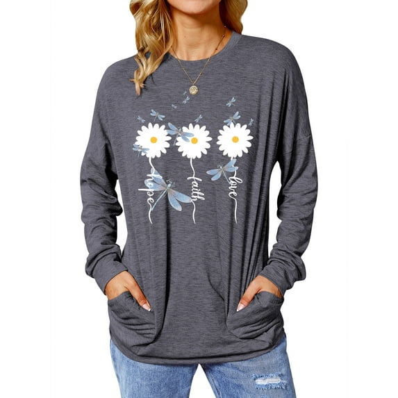 TWZH Women Daisy Dragonfly Print Crew Neck Long Sleeve Pockets Top
