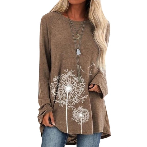TWZH Women Dandelion Graphic Printed Crew Neck Solid Pullover Top