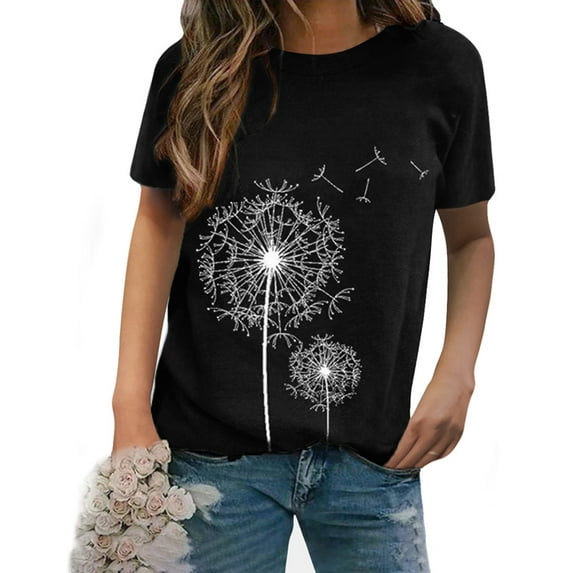 TWZH Women Dandelion Graphic Printed Crew Neck T-Shirt Casual Loose Tees Tops